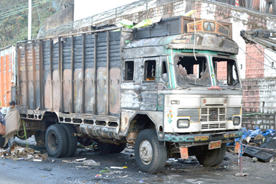 The goods-laden truck which caught fire at Classic Island, Kohima on Sunday.