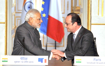 Prime Minister Narendra Modi and French President Francois Hollande during the joint statement at the Elysee palace in Paris on Friday.