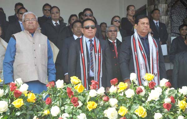Governor P.B Acharya with the chief minister of Nagaland and Assam, TR Zeliang and Sarbananda Sonowal during hte inaugural programm of the Hornbill Festoival