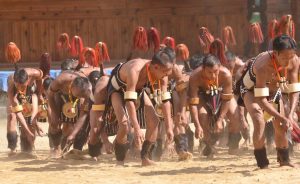 Naga tribesmen perform a cultural dance on the third day of the state annual Hornbill Hornbill Festival at the Naga Heritage village Kisama, some 15 kms away from Kohima, Nagaland on Saturday, 03 December 2016. Photo by Caisii Mao