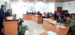 (Second from left) Deputy Commissioner Kohima, Rovilatuo Mor, and the AEO, Mhathung Ngullie briefing the GBs and others in the DC’s conference hall, Kohima, during the Coordination Committee  meeting on January 2.
