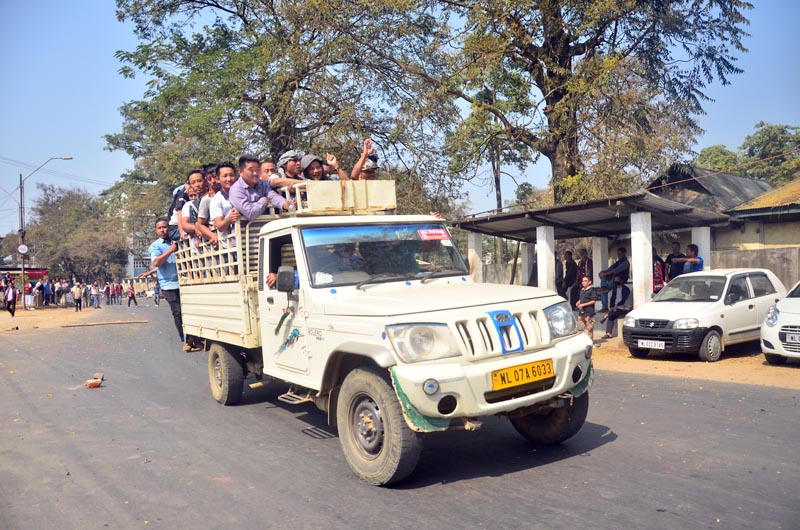 Volunteers pack a ride to a location in Dimapur on Friday, February 15. 