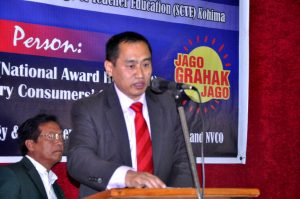 NVCO president Kezhokhoto Savi speaking at the World Consumer Rights Day in Kohima on March 15.
