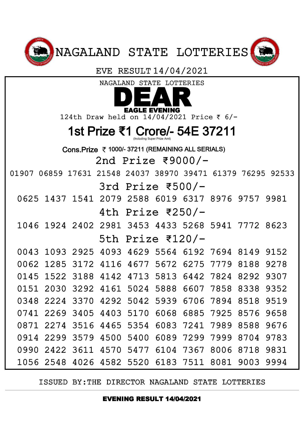 dear eagle evening april 14 nagaland state lottery results