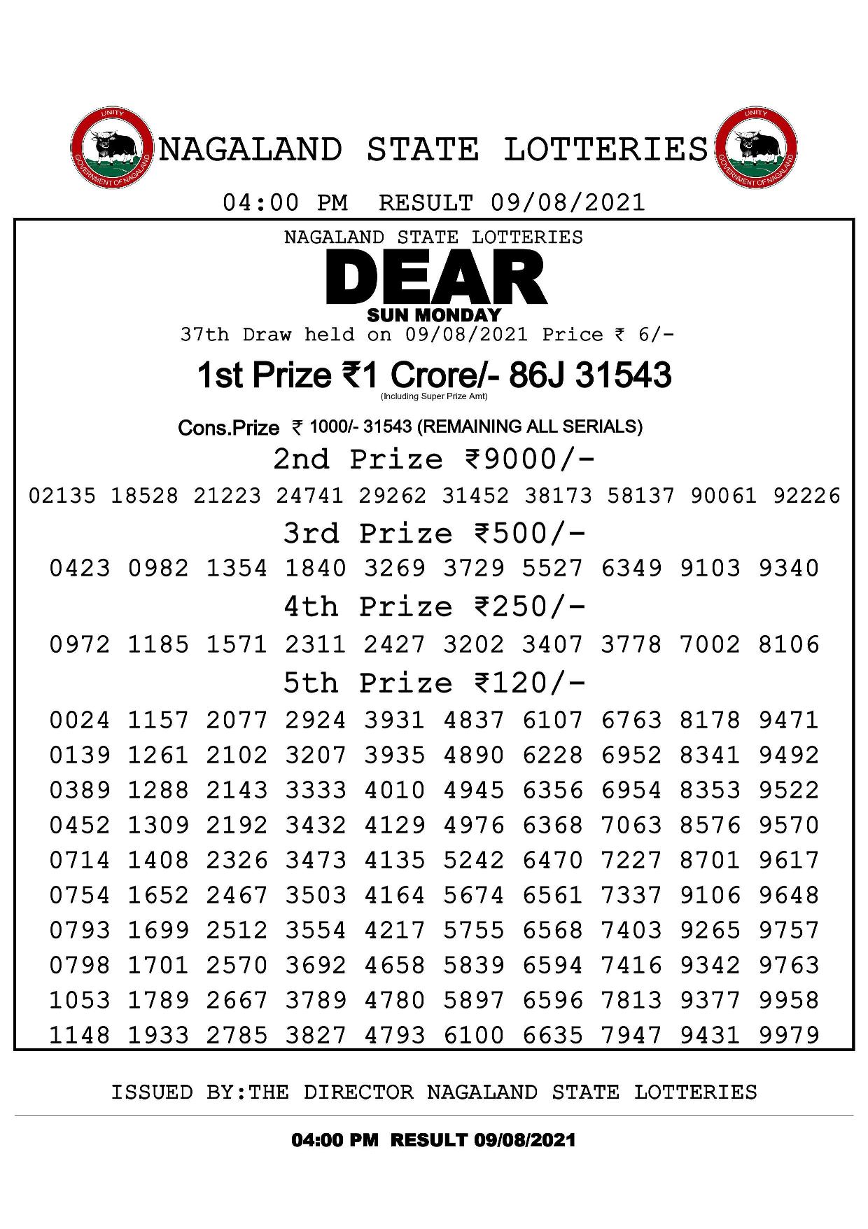 Dear Sun Monday result for August 9, 2021