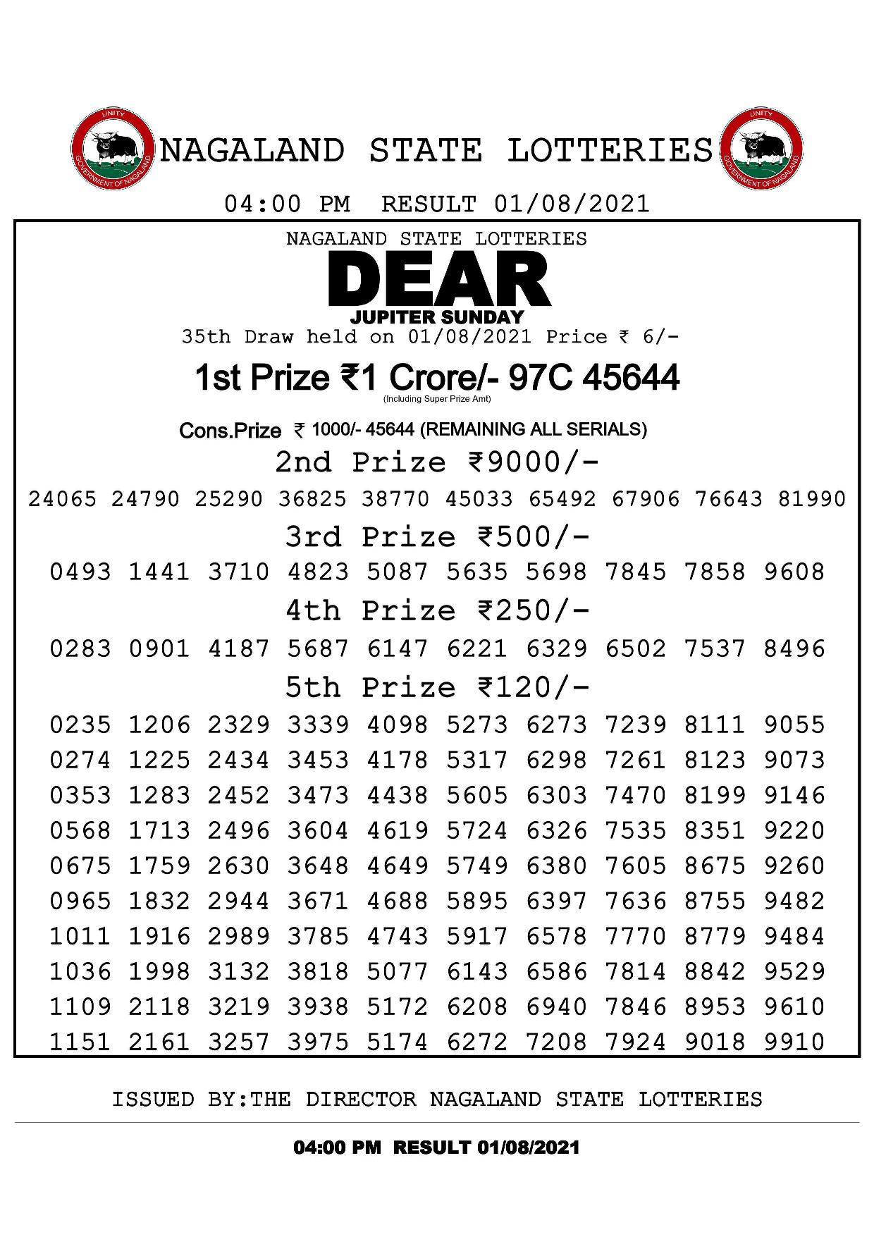 Nagaland State Lottery Dear Jupiter Sunday August 1 result