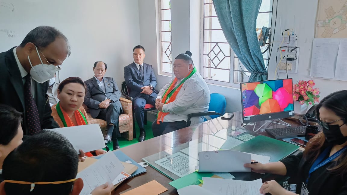 S Phangnon Konyak filing her nomination papers for Rajya Sabha polls in the presence of Nagaland CM, state's BJP Chief and others on Monday.