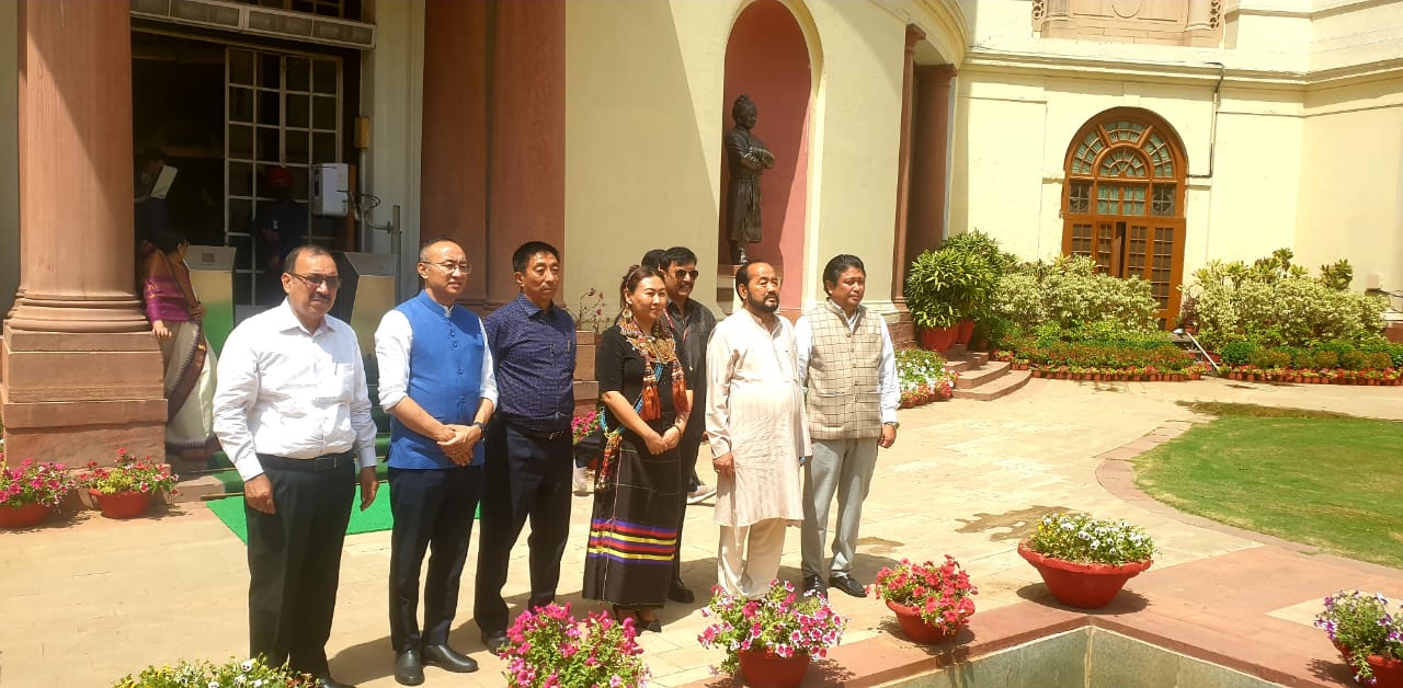 S Phangnon Konyak with legislators from Nagaland at the Parliament on Monday.