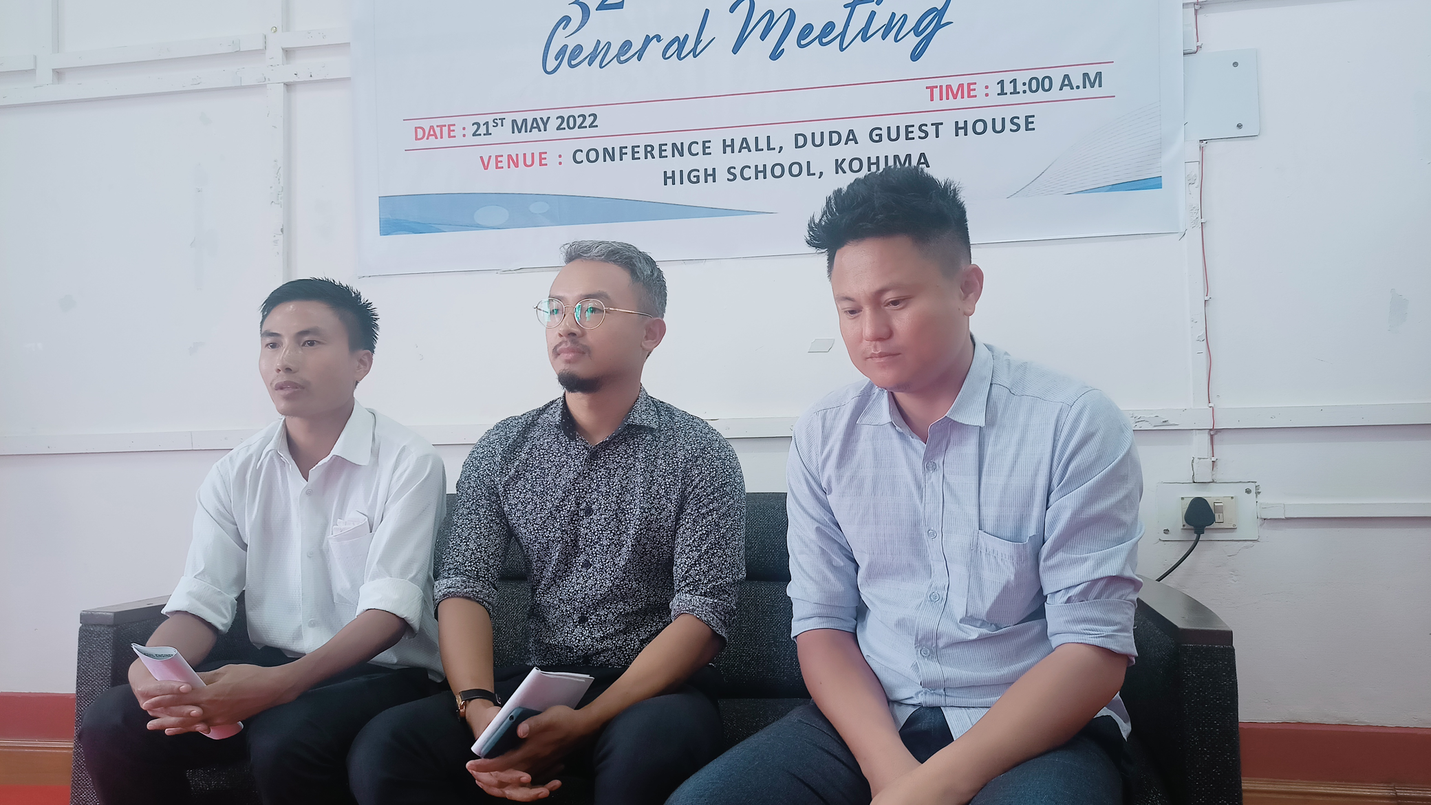 (L-R) Taiwan Konyak, LC David Phom and Meshenlo Kath interacting with journalists at DUDA guest house in Kohima on Saturday. EM Images