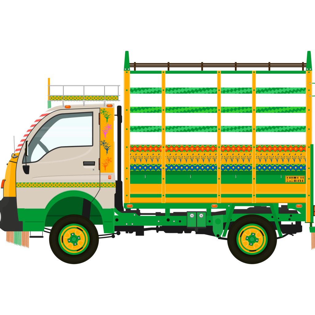Traditional Asian jingle truck. Side view of small truck. Flat vector.