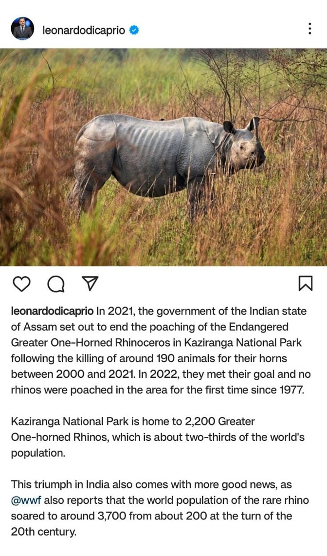 Leonardo DiCaprio praises Assam govt for zero rhino poaching