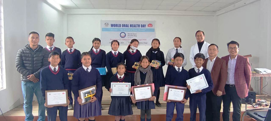 DIMAPUR, March 22 (EMN): Commemorating ‘World Oral Health Day,’ the dental unit of Naga Hospital Authority Kohima (NHAK) organised a painting competition at Government High School, Zhadima, on March 20 on the theme “Be proud of your mouth.” An update from NHAK stated that Dr. Neiphrezo Sorünuo, junior dental surgeon at NHAK and resource person, spoke on the importance of good oral hygiene and the ill effects of tobacco. He also reminded the students youngsters start consuming either smoke or smokeless tobacco products as early as 15 to 24 years of age. Stating that tobacco causes premature mortality in the world, eh informed that ‘tobacco is the only legally available substance which kills when it is used as intended.’ He also cited on the importance of tobacco control by preventing on several evidence-based strategies which could reduce tobacco use and exposure to second-hand smoke. He also informed regarding the four strategies for preventing tobacco user in young people by eliminating exposure to second-hand smoke and advancing to healthy equity by identifying tobacco related disparities. Dr. Pfukrolo Koza, junior dental specialist at NHAK, gave a brief demonstration on proper brushing techniques. It was followed with a painting competition in two categories comprising of students from classes 6 to 10. Meanwhile, the school authority has appreciated the dental unit of NHAK for organising and choosing the school for the programme. The closing remarks and prize distribution for the winners of painting competition was conducted by Dr. Simon I Sumi, NTCP district nodal officer. Altogether, 130 students participated in the painting competition. It added that toothbrush, toothpaste and IEC materials on oral hygiene were distributed to the students.