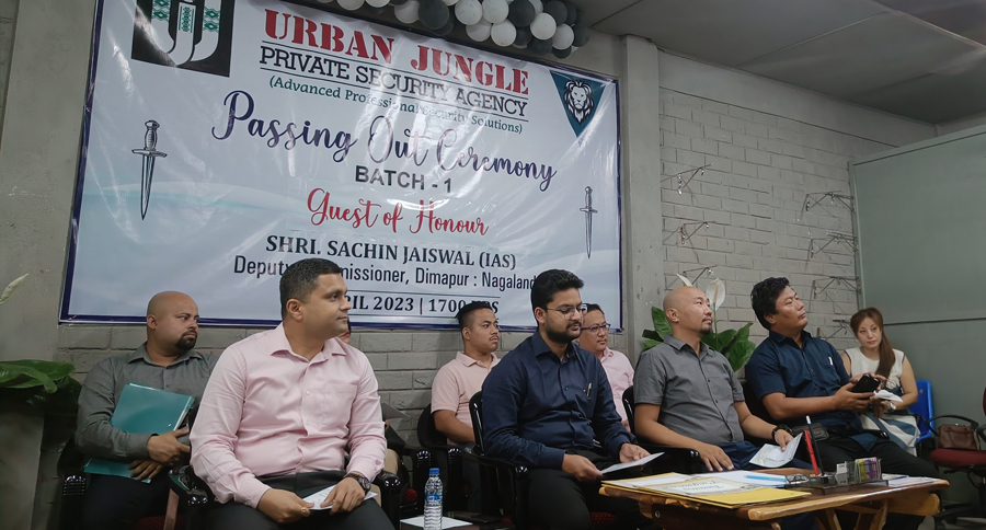 Sachin Jaiswa and other dignitaries are seen during the passing out ceremony of the first batch of trainees from Urban Jungle Private Security Agency (UJPSA) in Dimapur on Thursday.