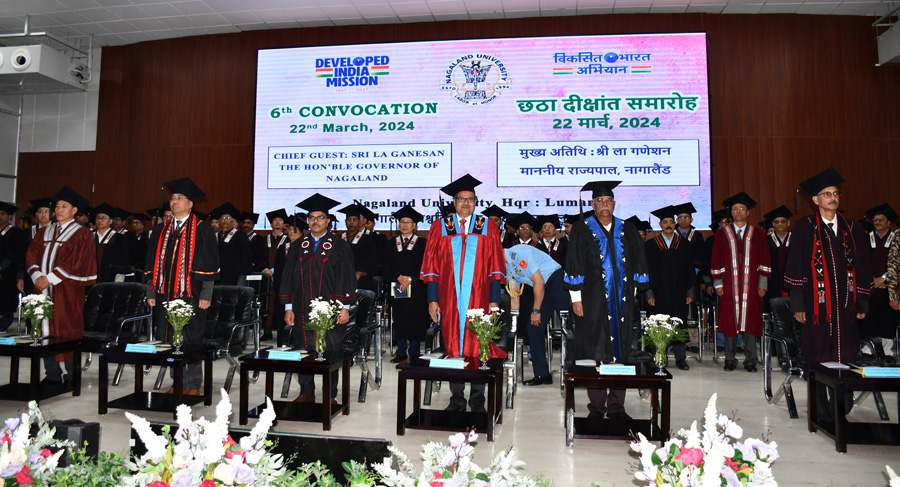 La Ganesan with NU officials, dignitaries and graduating students during the 6th convocation ceremony of Nagaland University at the university’s headquarter Lumami, on Friday.